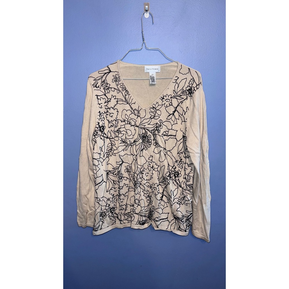Rena Rowan Beige V-Neck Women's Sweater W Velvet Floral Pattern SZ‎ 1X Classic